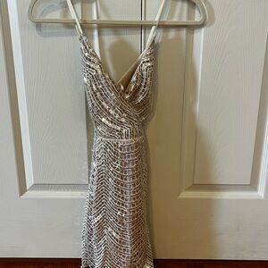 Lulu's Cream and Silver Sequin Backless Dress